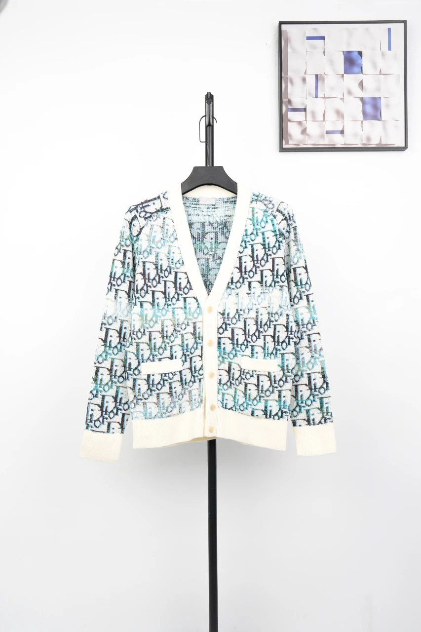 Dior White Blue Oblique Jacquard Wool V-Neck Cardigan product photo from LabelPicks