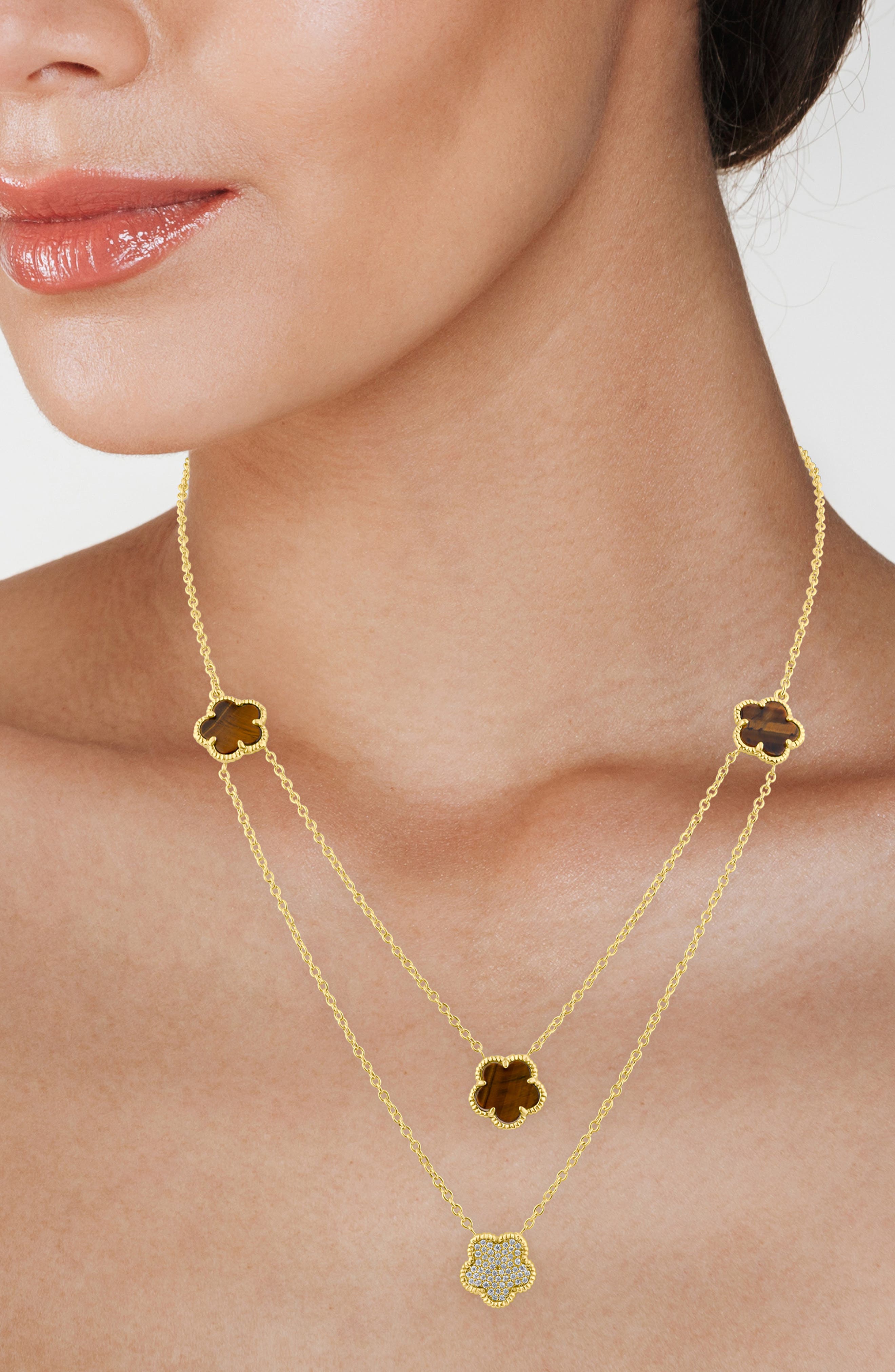 CZ by Kenneth Jay Lane Cubic Zirconia & Faux Tiger's Eye Double Layered Clover Station Necklace