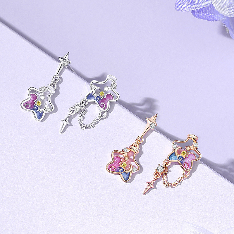 Original Star Wishing Bottle Earrings for Women, Pure Silver, Fresh and Sweet, Enamel Resin Asymmetrical Earrings