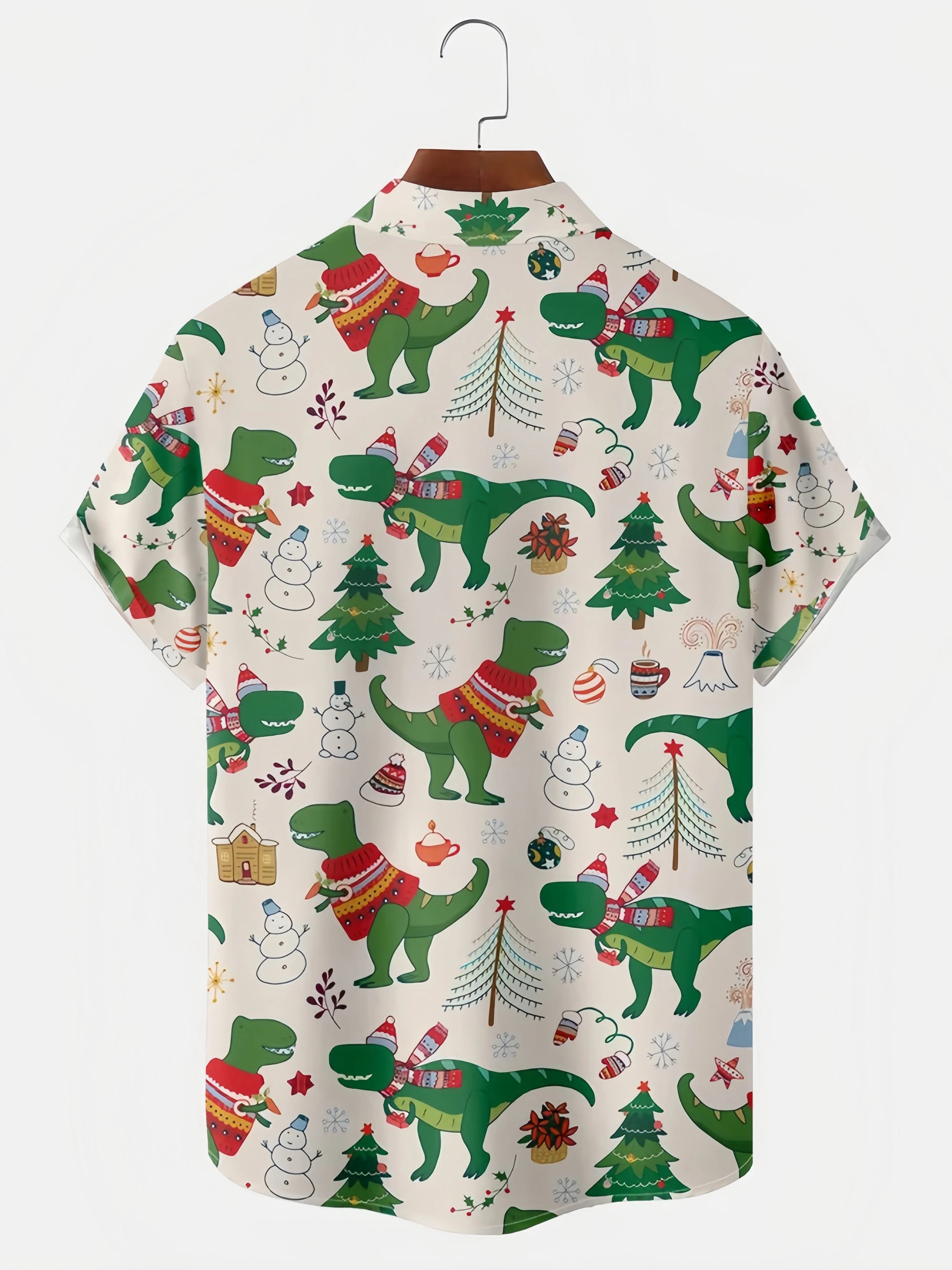 Men's Christmas Dinosaur Print Short Sleeve Hawaiian Shirt with Chest Pocket