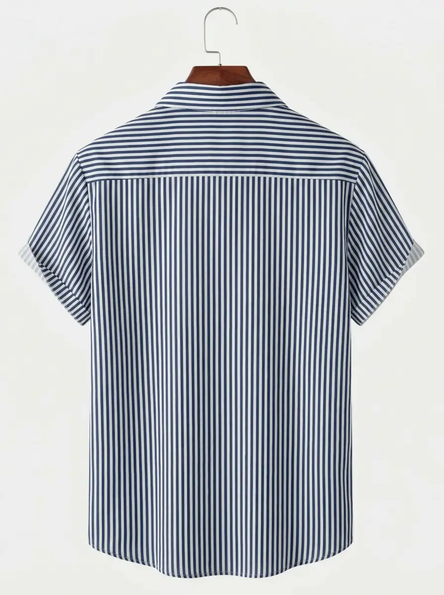 Men's printed shirts Navy Blue Vertical Stripe Aloha Shirt