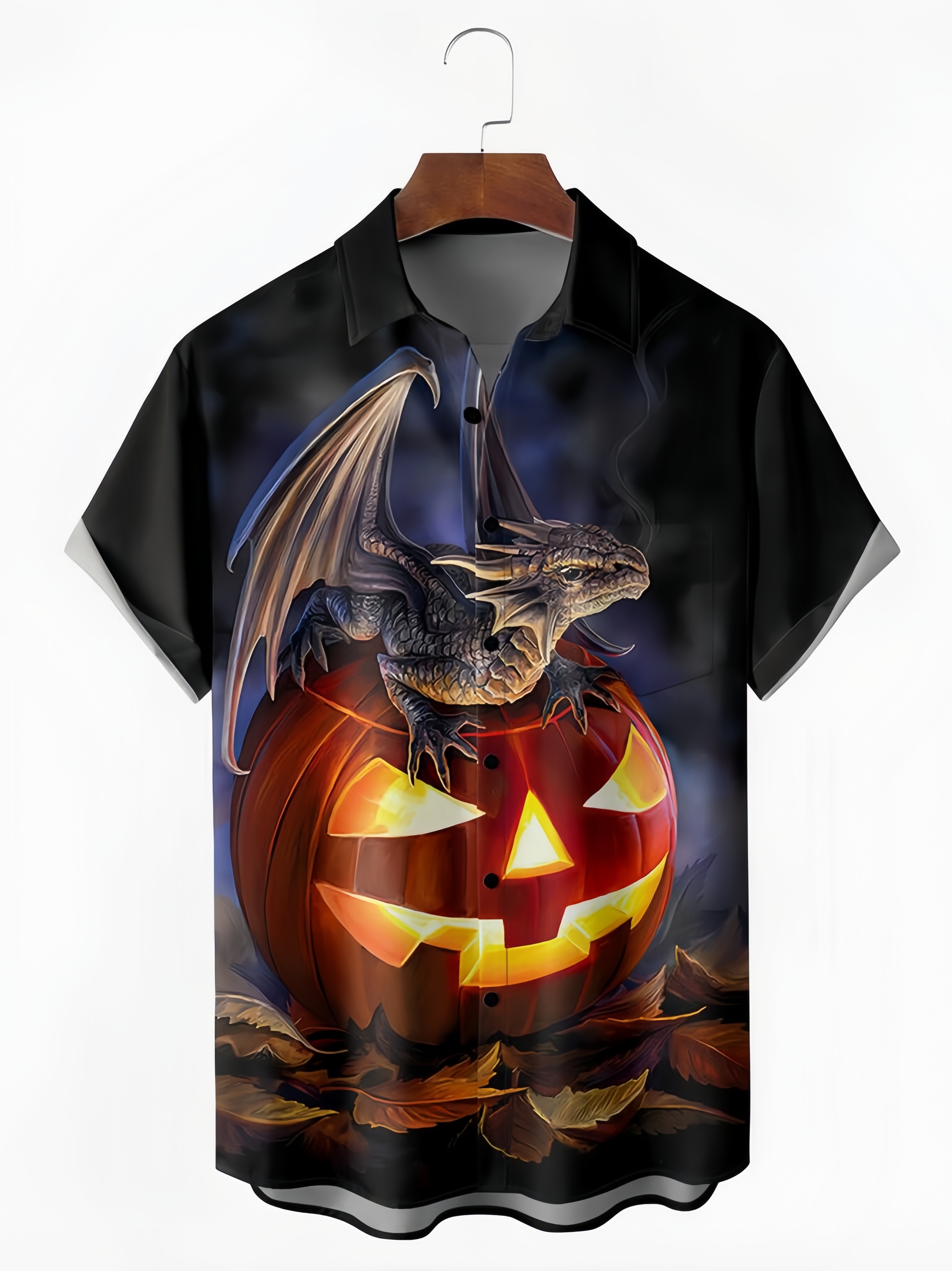 Halloween Dragon Chest Pocket Short Sleeve Casual Shirt