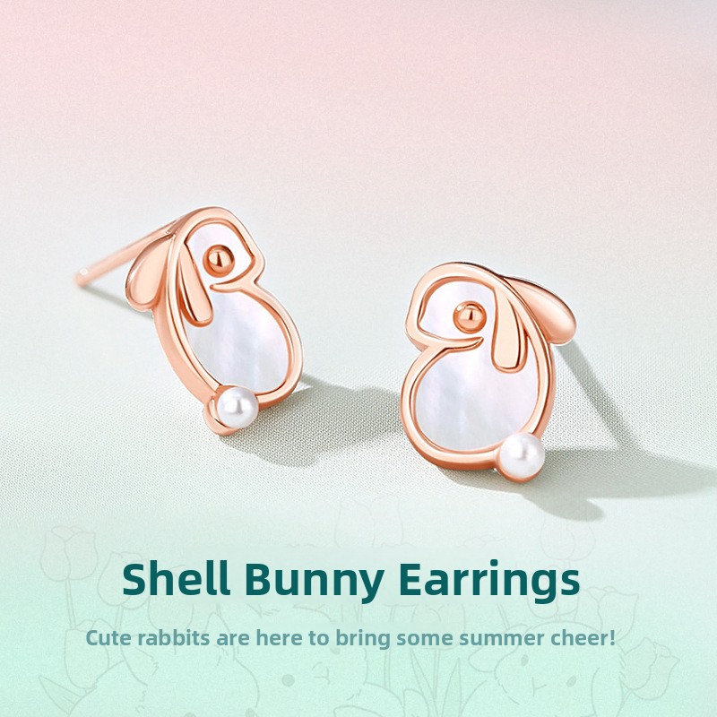 Original shell rabbit earrings for women, made of S925 sterling silver, in a Korean style, delicate and fresh, with mother-of-pearl accents, cute and girly