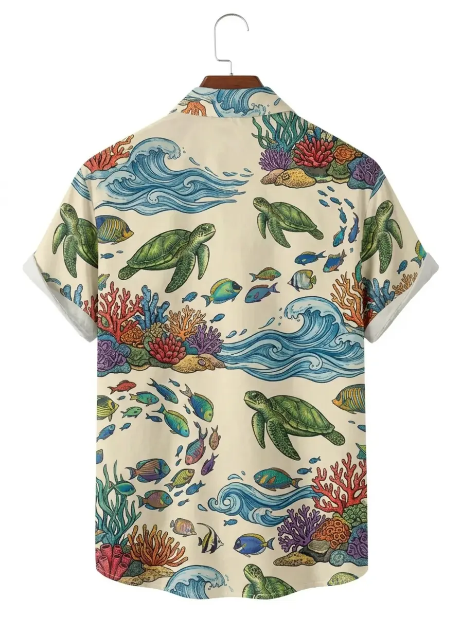 Men's printed shirts Sea Turtle Coral Aloha Shirt
