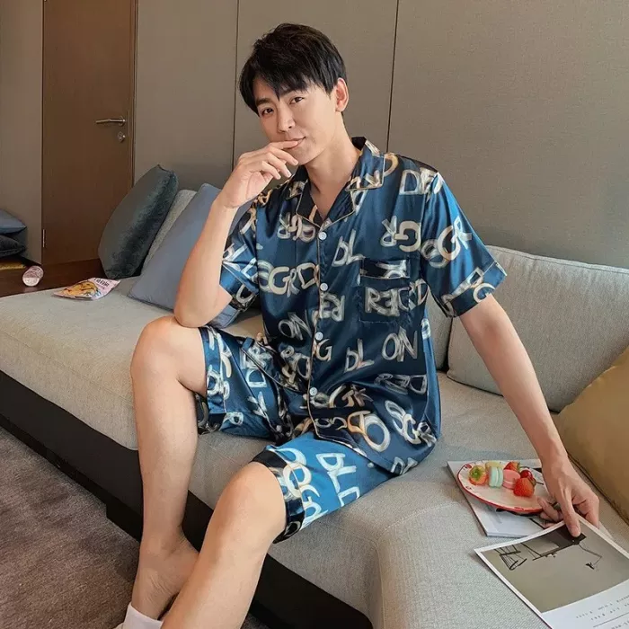 Short-sleeved pajamas men's summer thin ice silk silk plus fat plus size home service suit