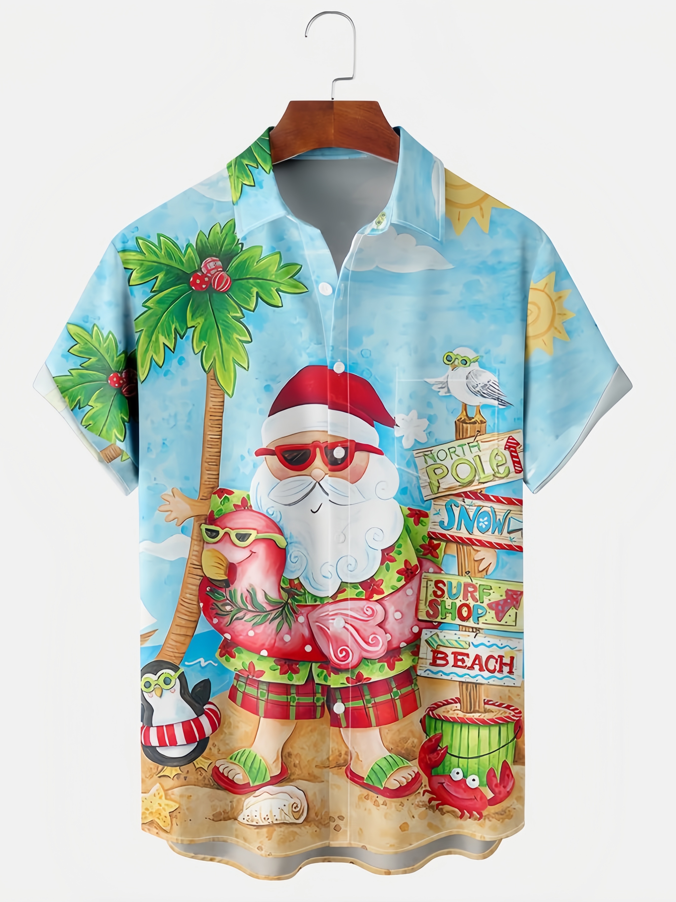 Mens Christmas Santa Surfing Print Front Buttons Soft Breathable Chest Pocket Casual Hawaiian Shirt