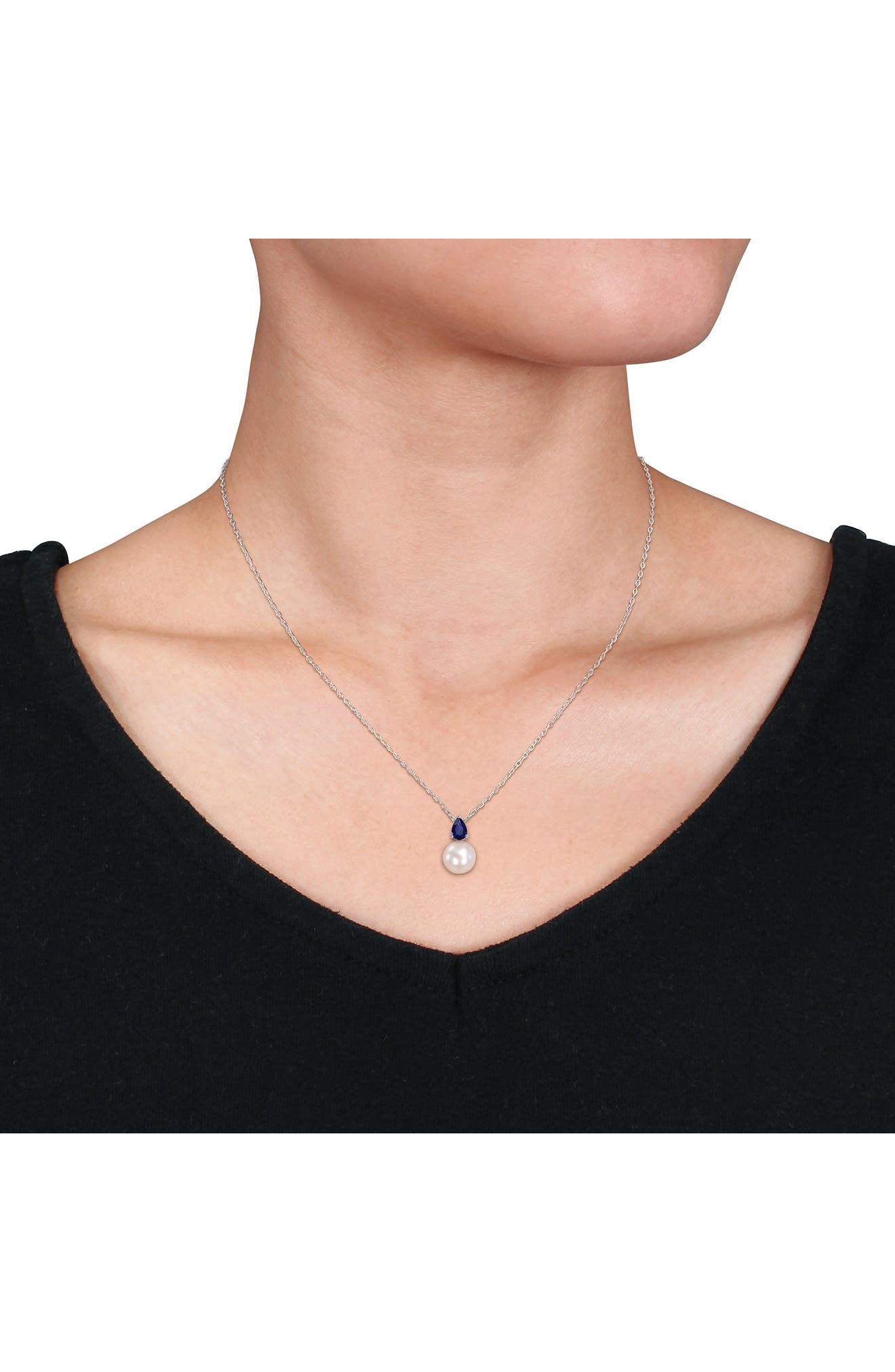 DELMAR Sterling Silver 8.5-9mm Cultured Freshwater Pearl & Created Blue Sapphire Necklace