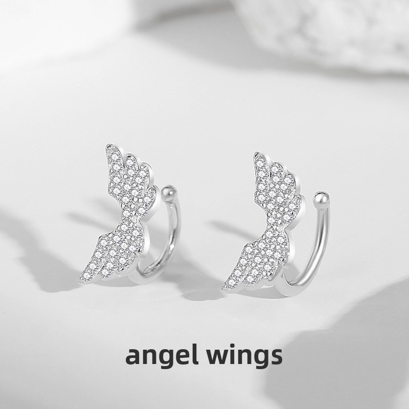 Angel wing ear clips, sterling silver earrings, versatile cross-line design, trendy and stylish, suitable for those without pierced ears