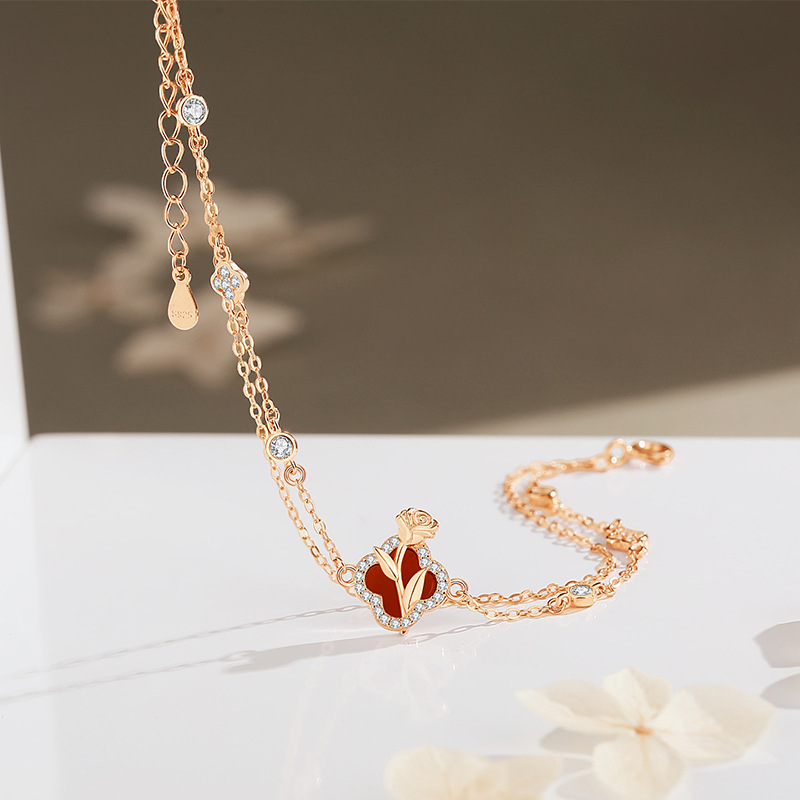 Original four-leaf clover rose bracelet for women, sterling silver, forest style, small fragrance, red agate bracelet, rose gold flower jewelry