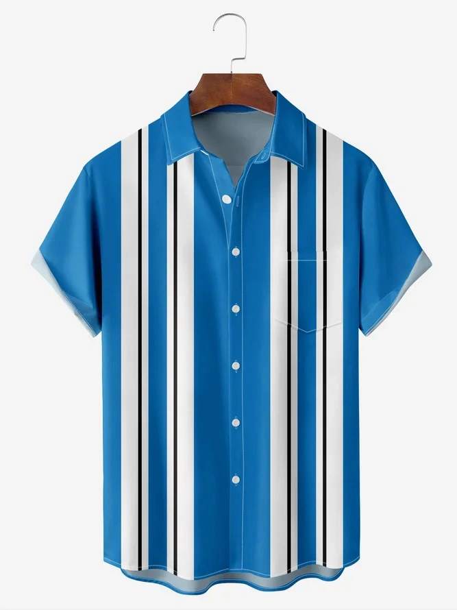 Striped Chest Pocket Short Sleeve Bowling Shirt