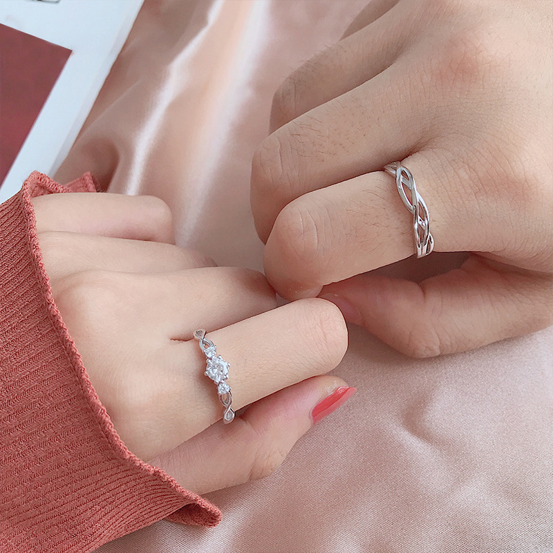 Tangled Love Silver Couple Rings 999 Sterling Silver Pair for Men and Women Korean Style Simple Open Ring with Simulated Diamond