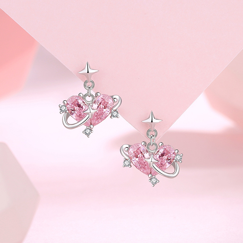 Heartbeat track earrings for women, pure silver, ins-style girly pink zircon earrings, original star-shaped earrings