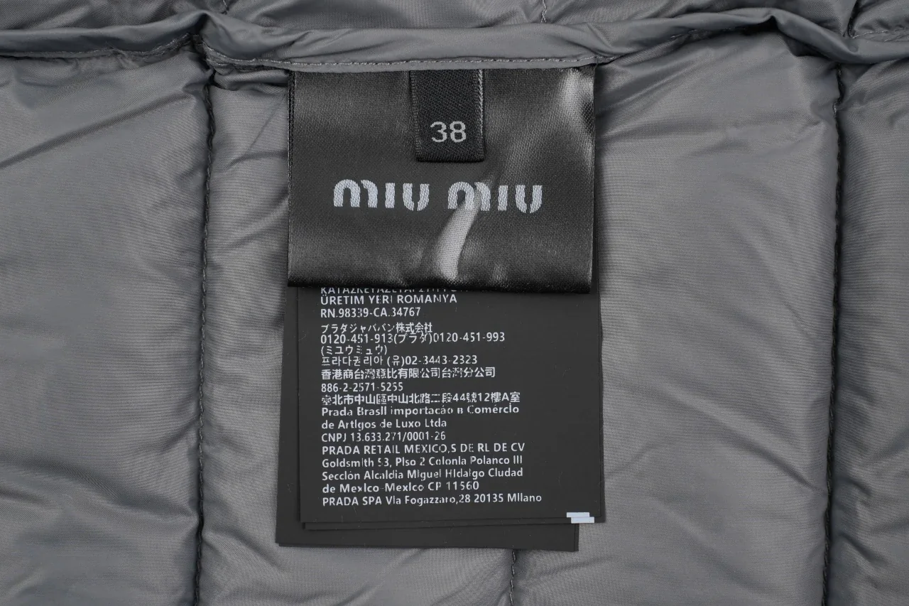 Miu Miu Matte Grey Logo Embroidered Stand Collar Down Jacket product photo from LabelPicks