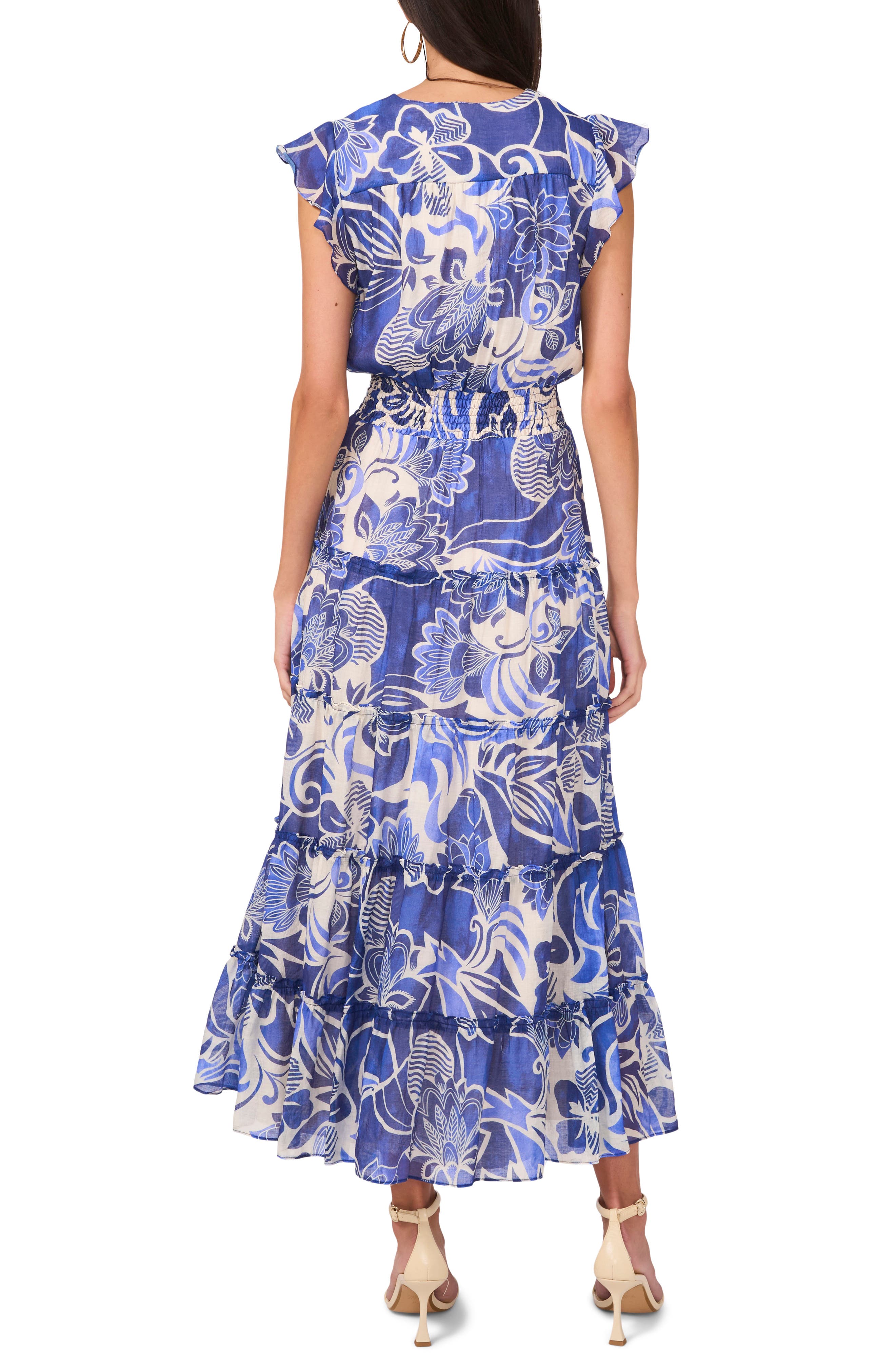 Halogen® Ruffle Sleeve Smocked Waist Tiered Maxi Dress