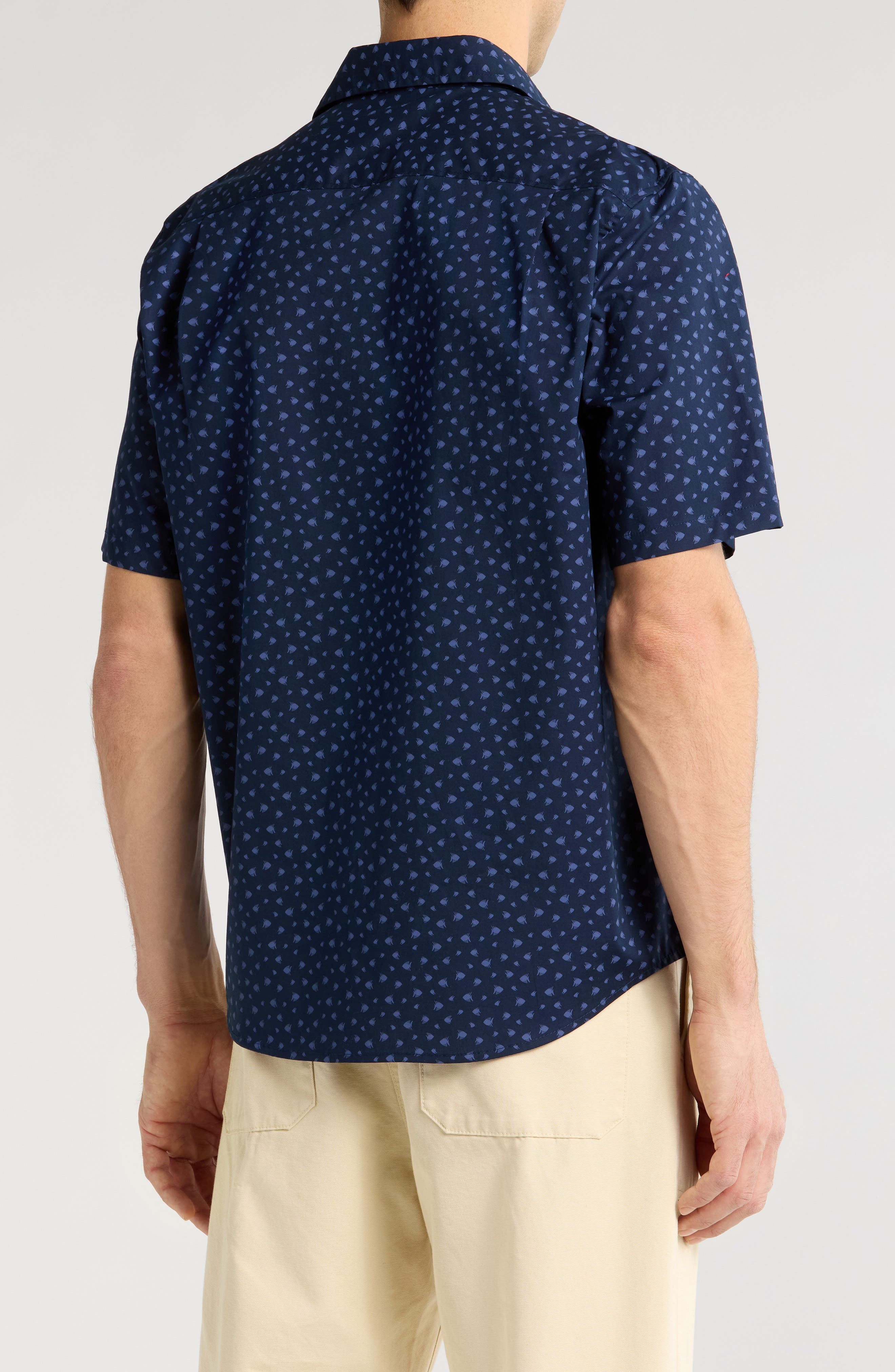 14th & Union Fish Print Short Sleeve Stretch Poplin Button-Up Shirt