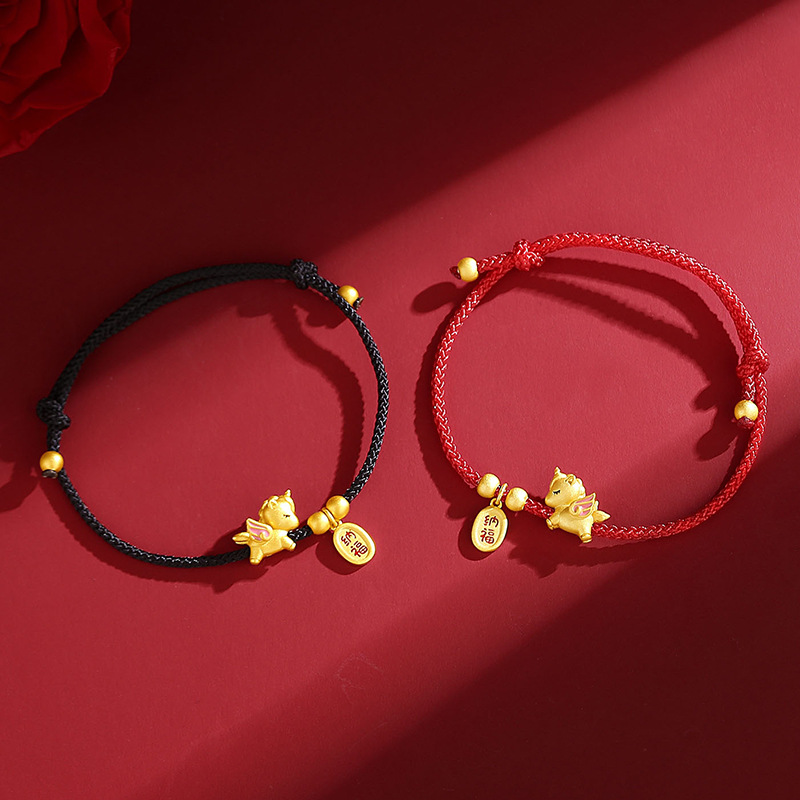 Lucky Charm Couple Bracelet for the Year of the Horse, Red String Bracelet, Pure Silver, Ancient Gold Technique, New Chinese Style, Small Horse Charm Jewelry