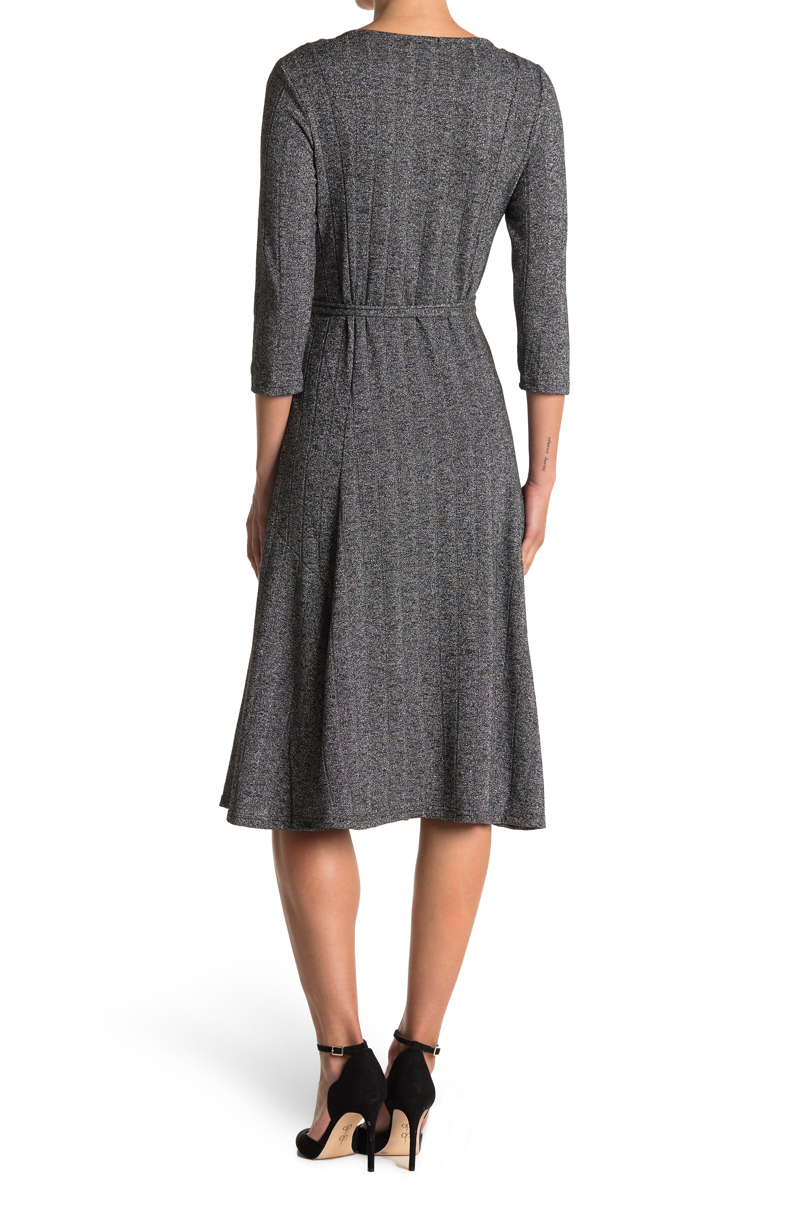 Nina Leonard Three-Quarter Sleeve A-Line Metallic Ribbed Midi Dress
