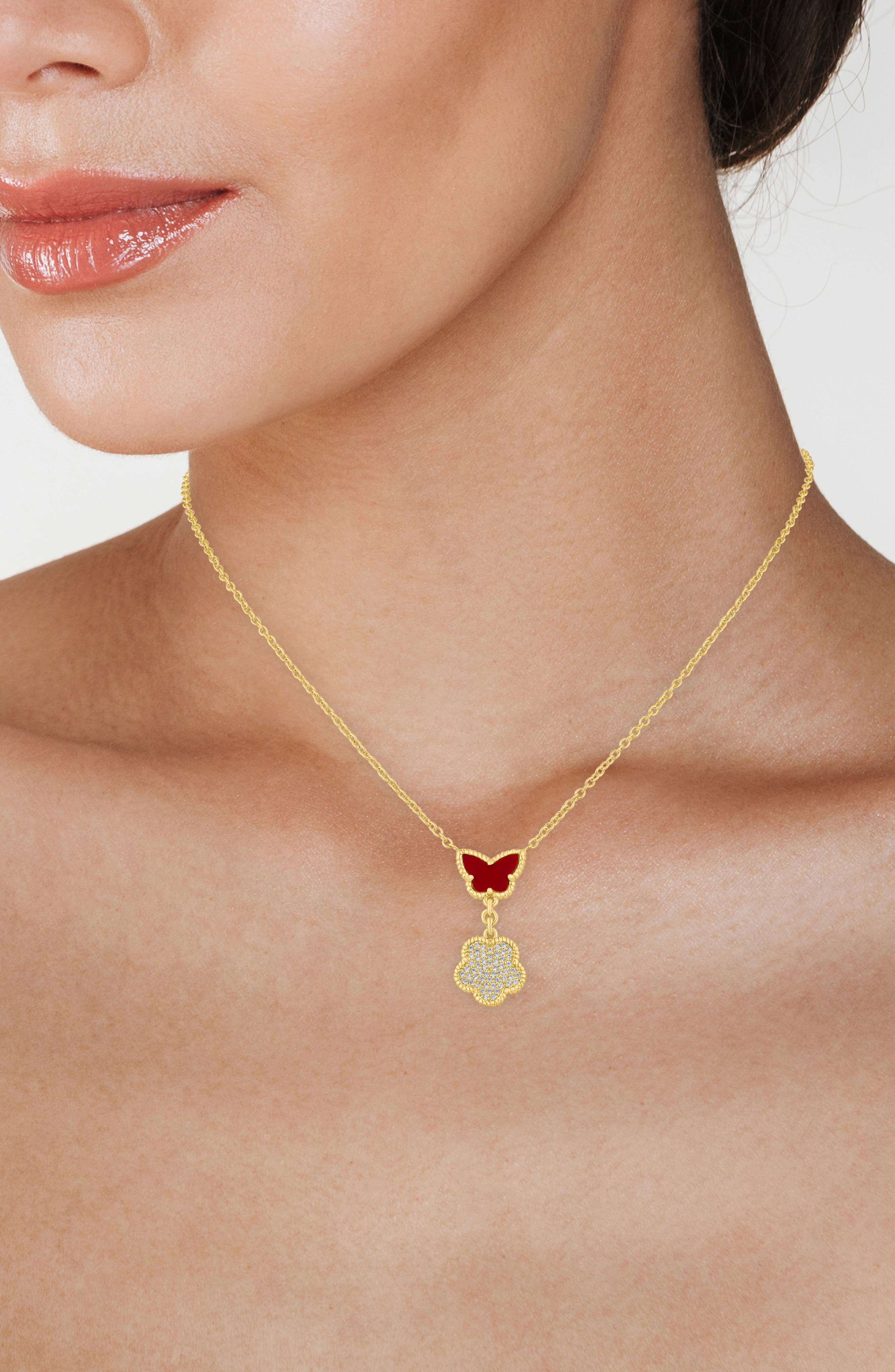 CZ by Kenneth Jay Lane Faux Coral Butterfly & CZ Pavé Clover Drop Pendant Necklace