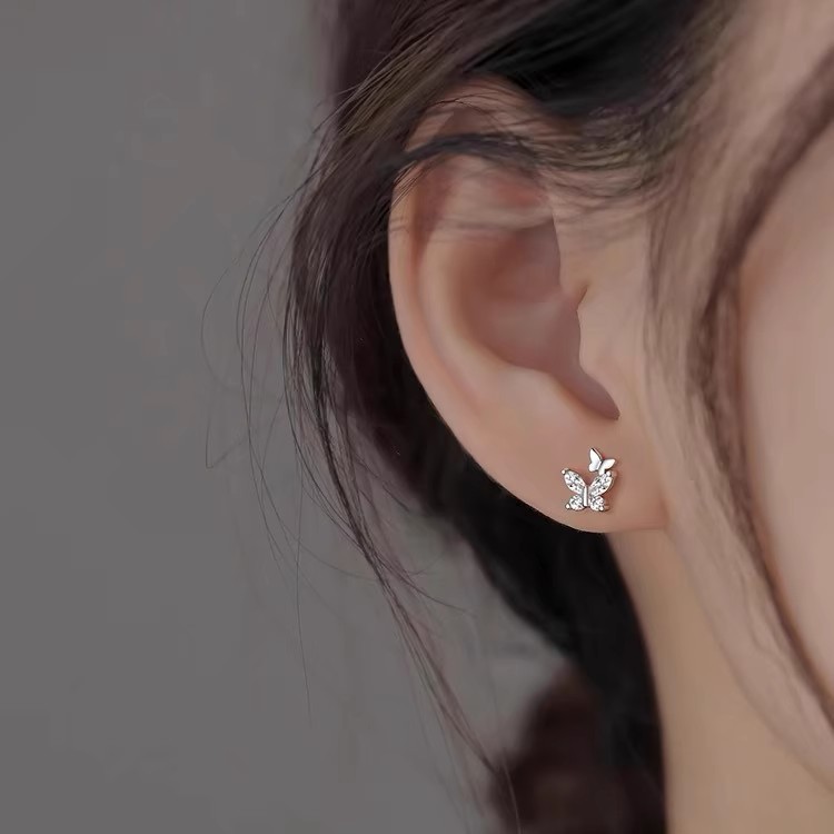 Butterfly zircon earrings, 999 pure silver, summer fresh forest style, Korean niche high-end earrings, ins-style jewelry