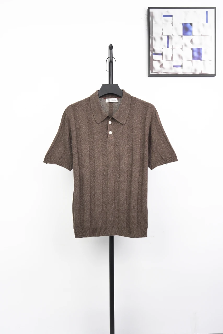 Brunello Cucinelli Brown Linen-Blend Ribbed Polo Shirt product photo from LabelPicks