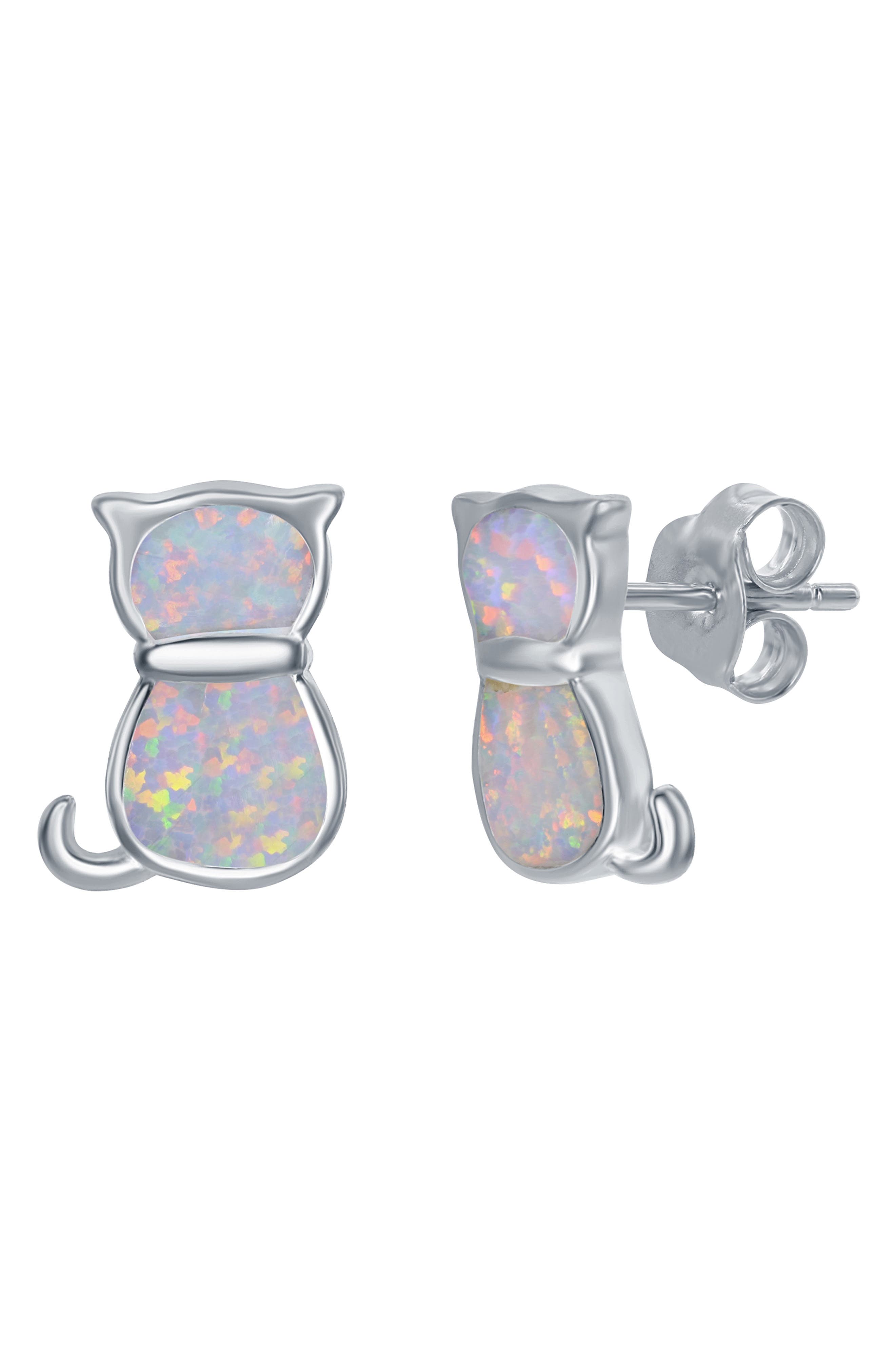 SIMONA Sterling Silver White Inlay Opal Cat Necklace & Earrings Set