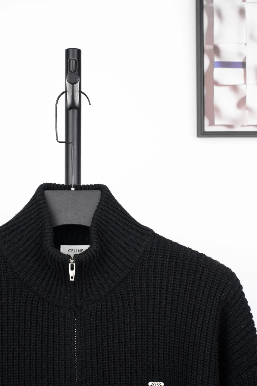CELINE Black Triomphe Embroidered Knit Zip Cardigan product photo from LabelPicks