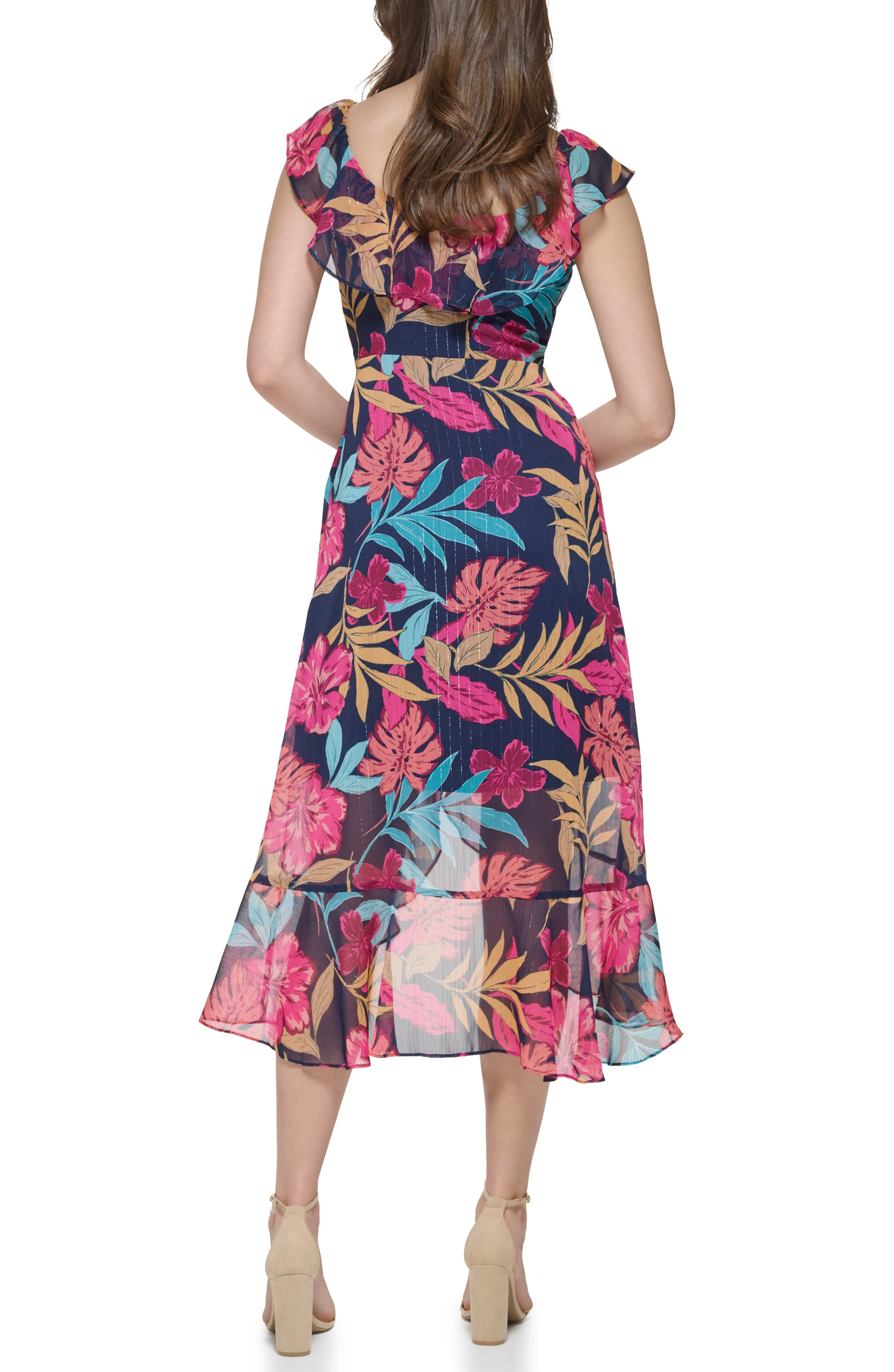 Kensie Tropical Floral Chiffon Faux Wrap Dress