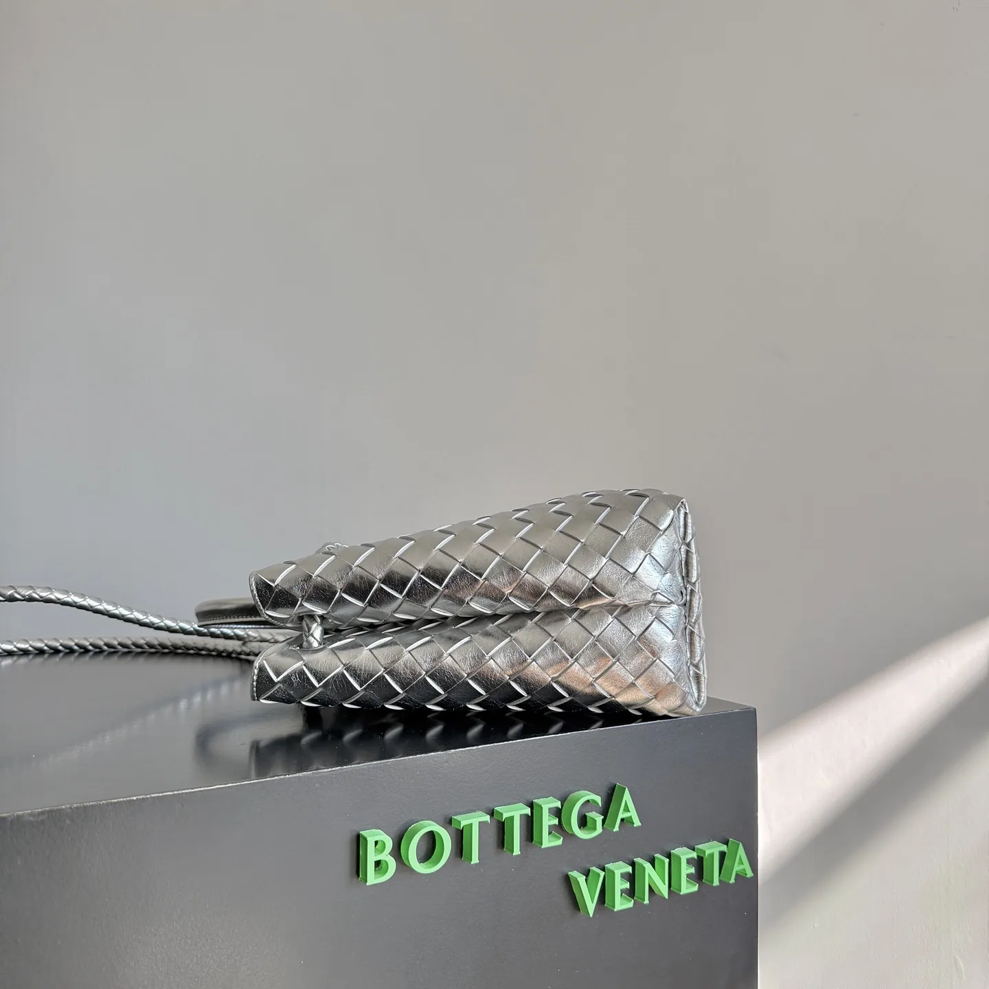 Bottega Veneta Silver Andiamo Intrecciato Woven Leather Top Handle Bag product photo from LabelPicks