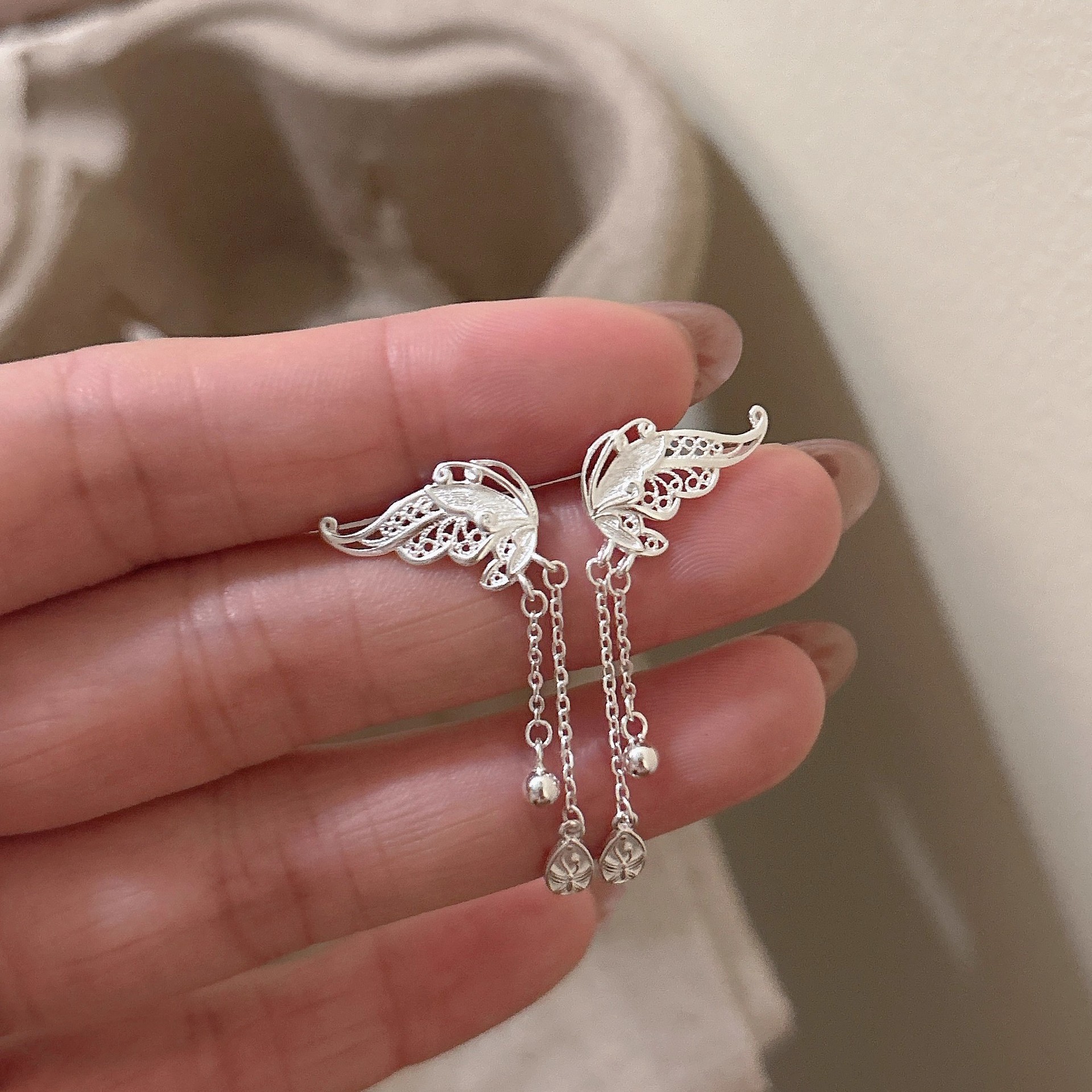 S925 Sterling Silver Filigree Butterfly Dangle Earrings| Beaded Tassel Design
