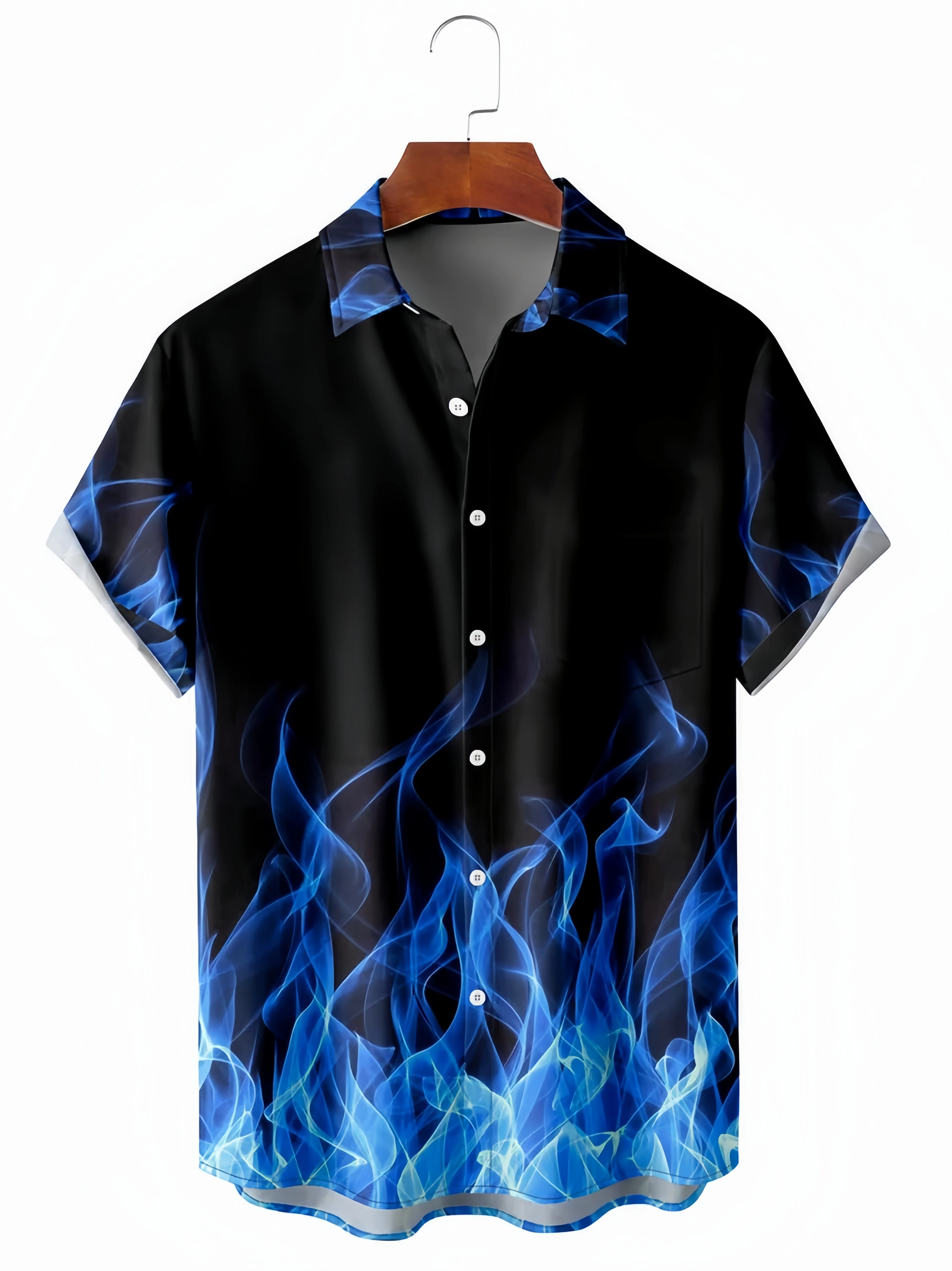 Men's Halloween Fire Print Anti-Wrinkle Moisture Wicking Fabric Fashion Hawaiian Lapel Short Sleeve Shirt