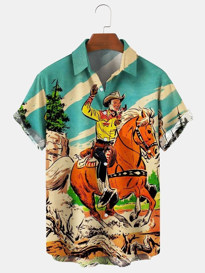 Men's Kentucky Derby Retro Western Cowboy Pocket Equestrian Casual Loose Comics Print Up To 4XLT Shirt