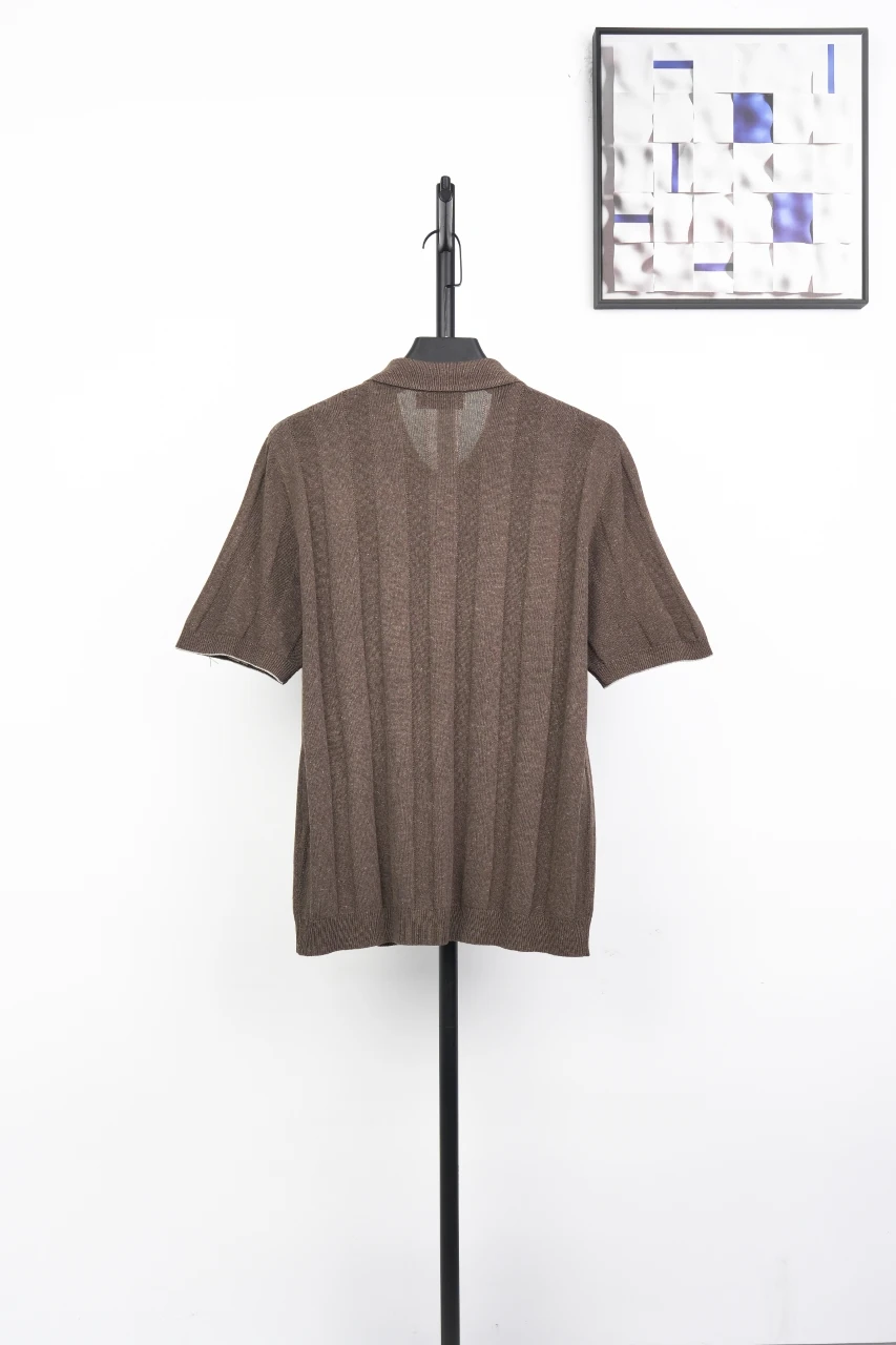 Brunello Cucinelli Brown Linen-Blend Ribbed Polo Shirt product photo from LabelPicks