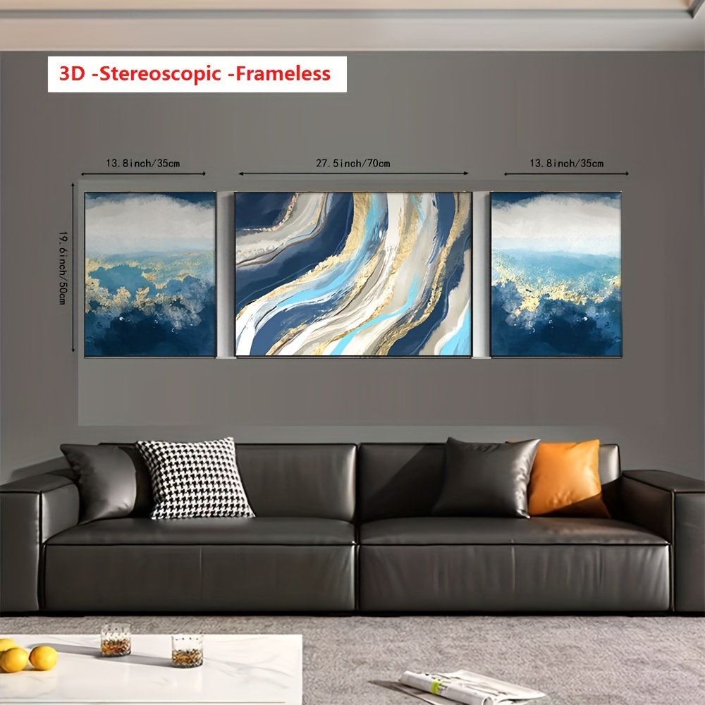 3D Dimensional Frameless 3pcs Pure Hand-Painted, High-Quality Minimalist Wall Decoration Oil Painting (Abstract Golden Foil Blue Ocean Texture Line Landscape Thick Knife Art Three-Dimensional Visual Effect) Modern Wealth-Attracting Fashionable for L