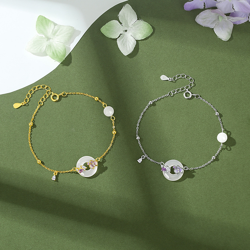 Original Violet Chalcedony Peace Knot Bracelet for Women, Pure Silver, Retro New Chinese Style Bracelet, Forest Style Enamel Floral Jewelry