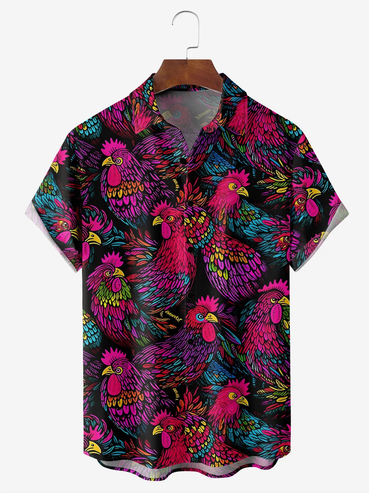 Rooster Art Painting Chest Pocket Short Sleeve Casual Shirt