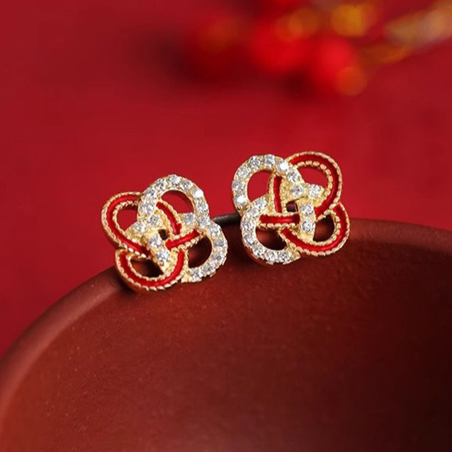 s925 sterling silver fortune knot four-leaf clover earrings for women, summer red vintage Chinese knot design earrings