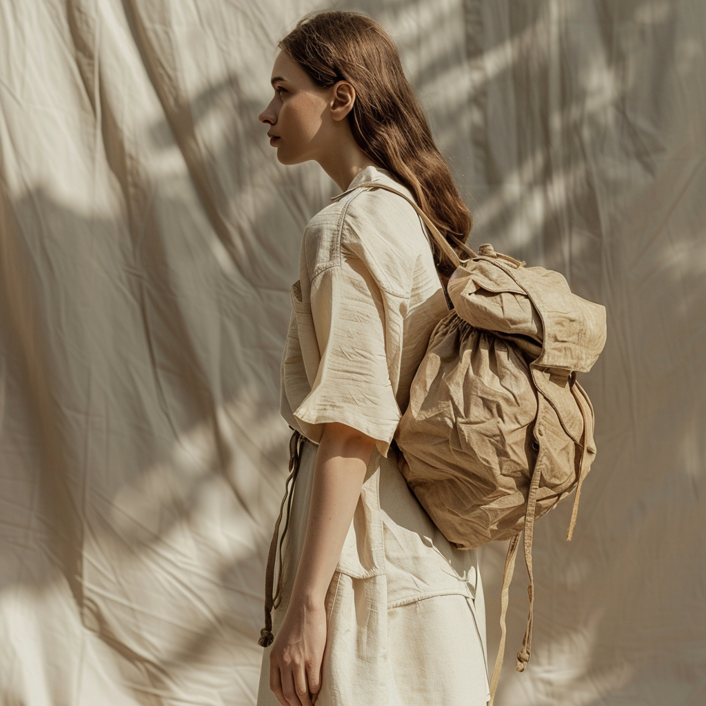 Vintage Beige Linen Drawstring Backpack