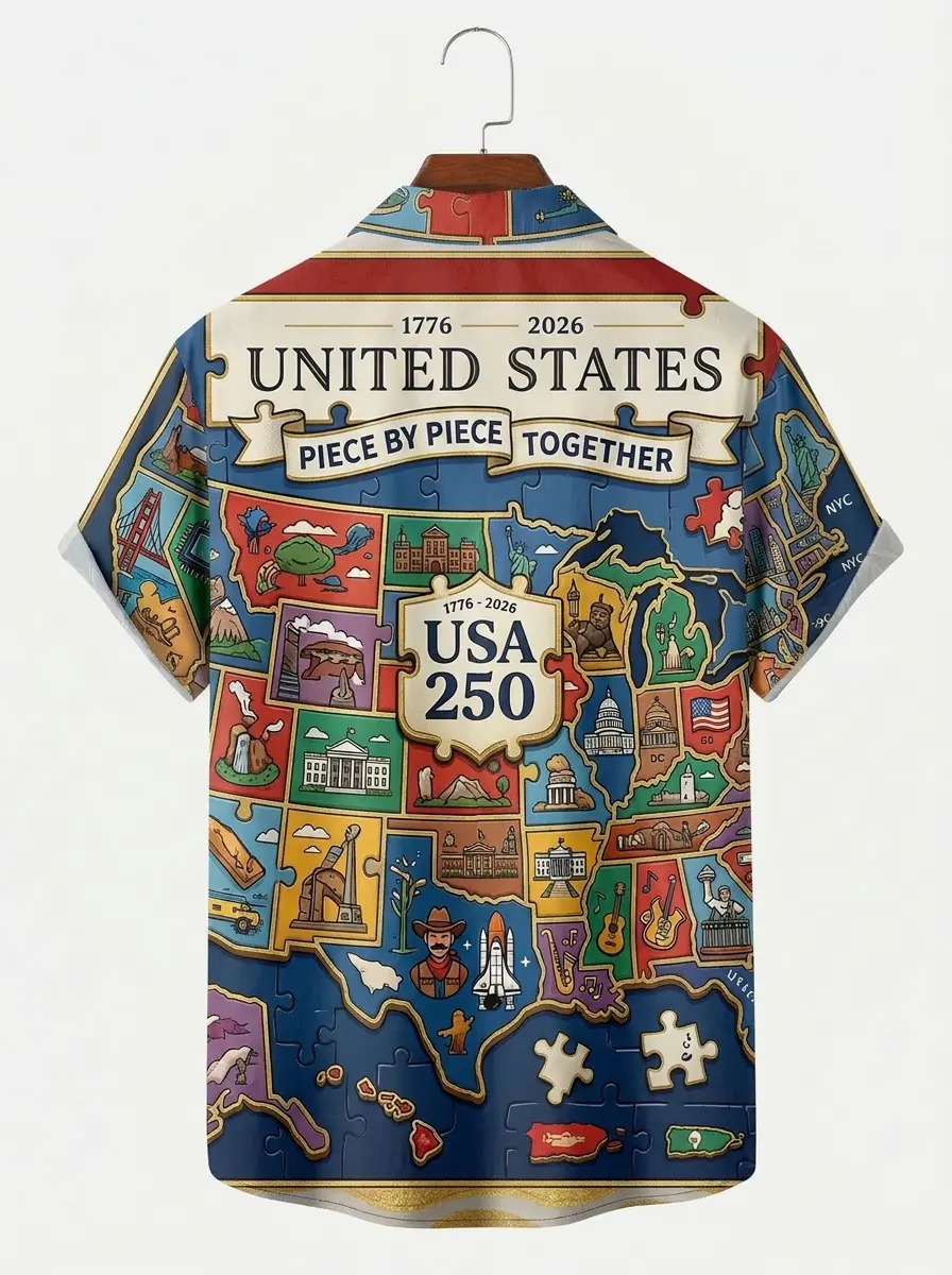 Men's printed shirts, USA 250 Puzzle Map State Landmarks Hawaiian Shirt