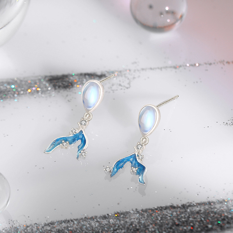 Moonstone Mermaid Tail Earrings, 925 Sterling Silver, Ethereal, Sweet, Minimalist, High-End, and Stylish, Original Design