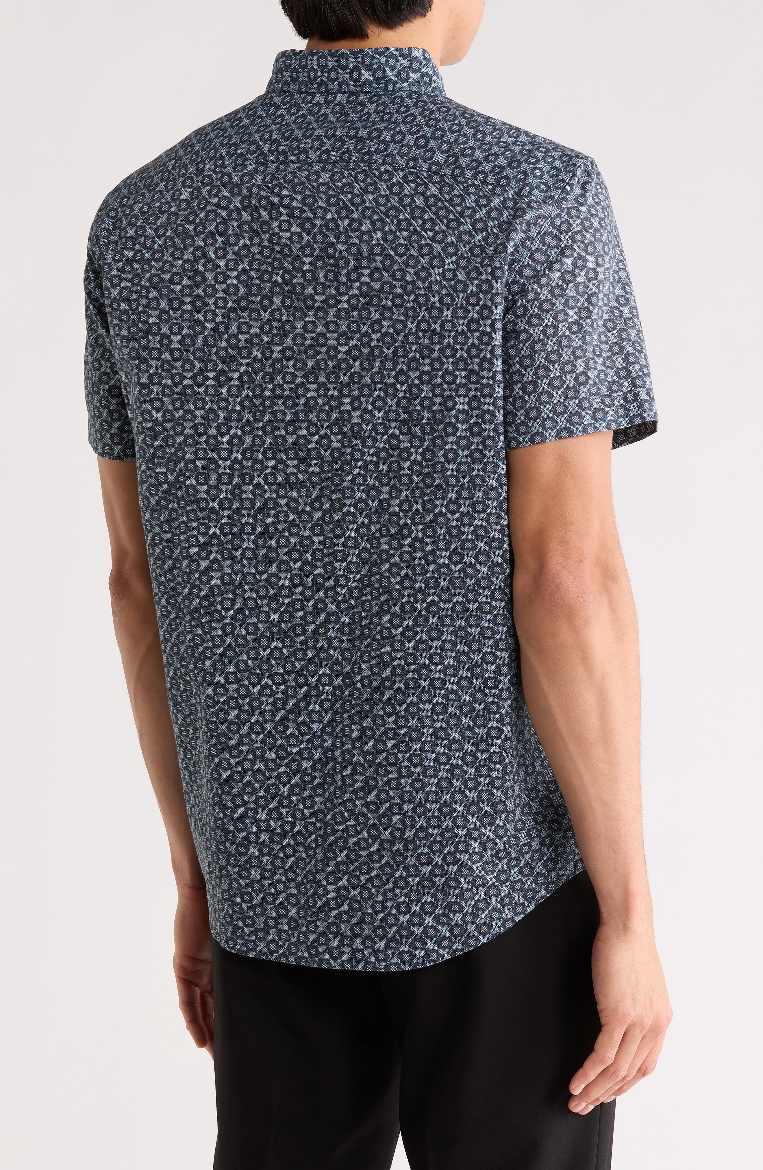 Original Penguin Geometric Print Short Sleeve Chambray Button-Up Shirt
