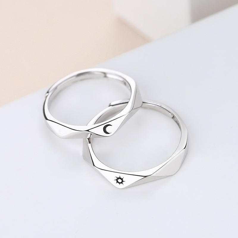 S925 sterling silver sun and moon couple rings, Korean-style diamond-shaped elegant rings, Korean-style simple couple rings, a pair of jewelry