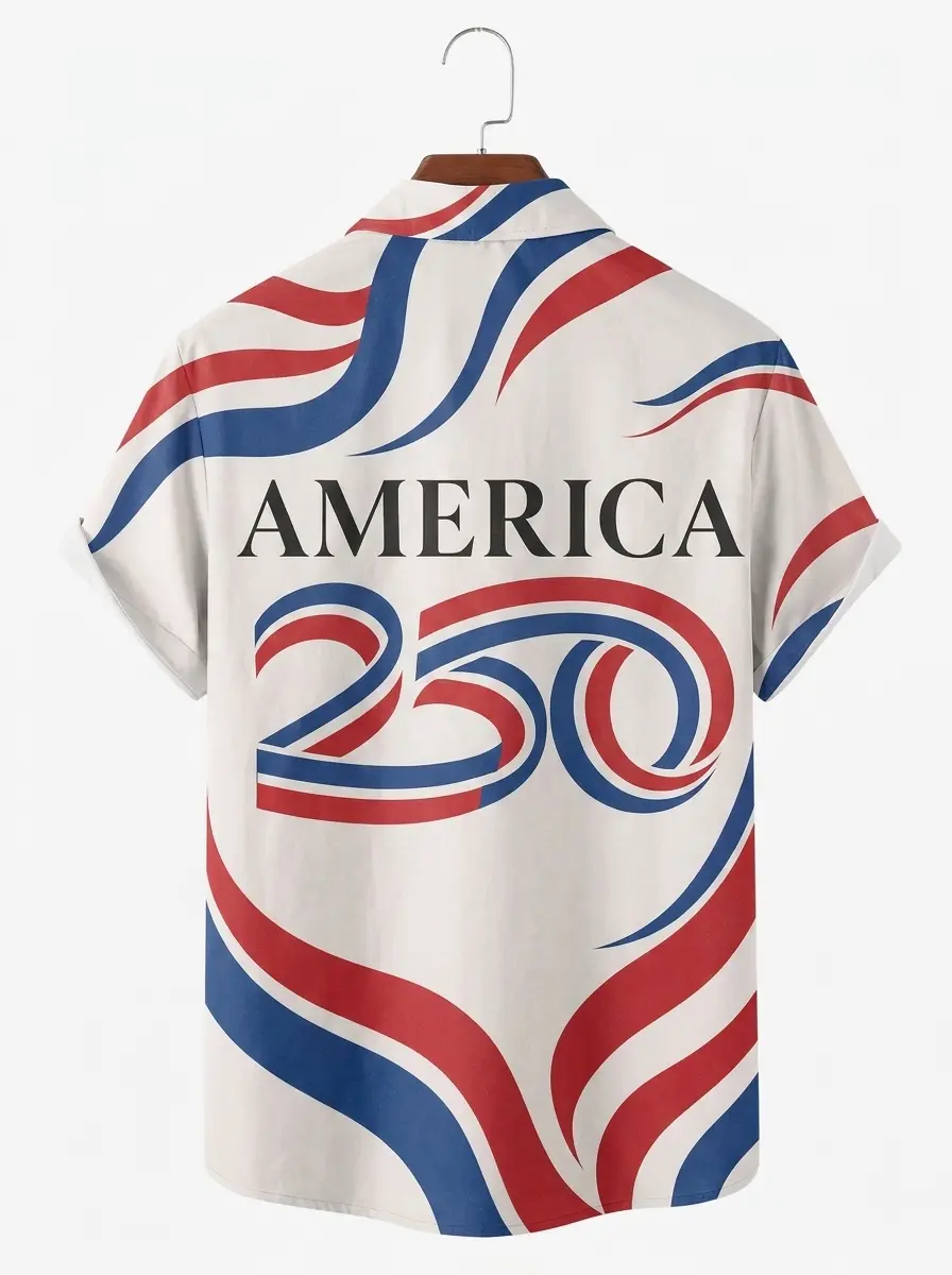 Men's printed shirts, America 250 Modern Wave Flag Print Aloha Shirt