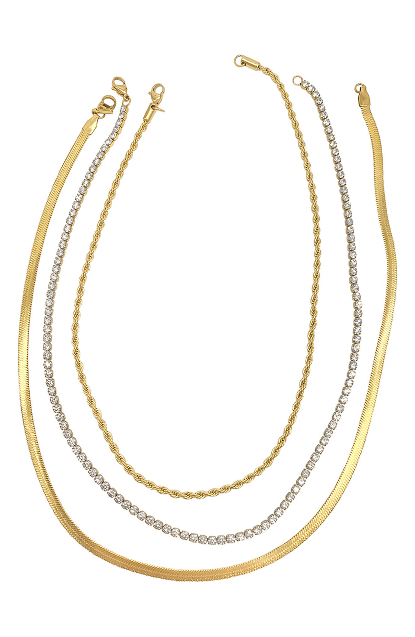 Adornia Water Resistant 14K Yellow Gold Plated Herringbone, Rope, & Tennis Chain Necklace Set