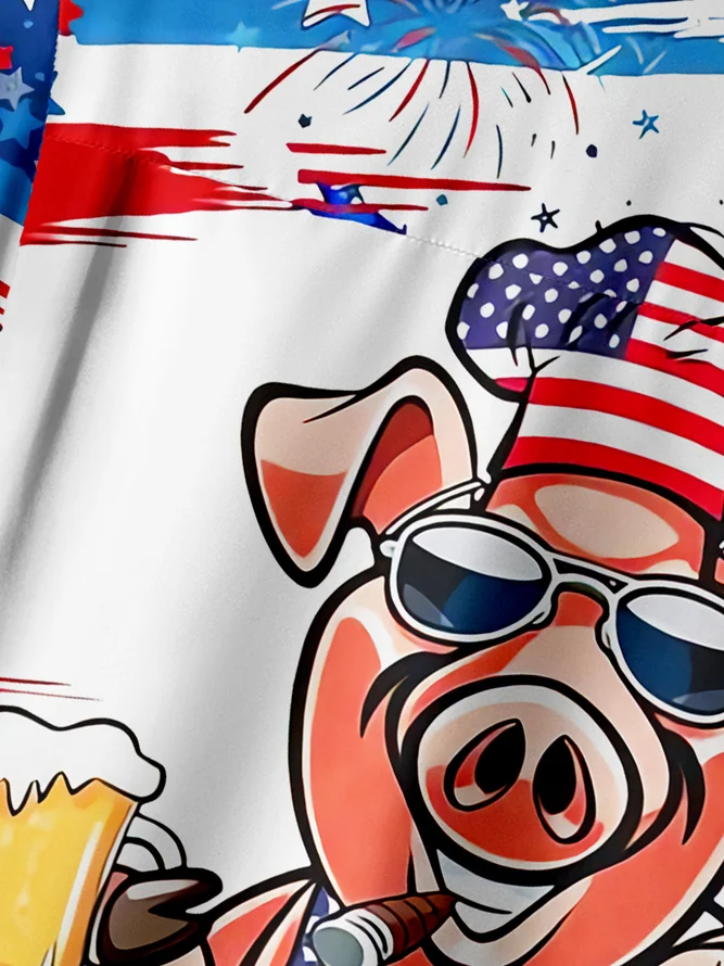 American Flag Mr Pig Cook Chest Pocket Short Sleeve Casual Shirt