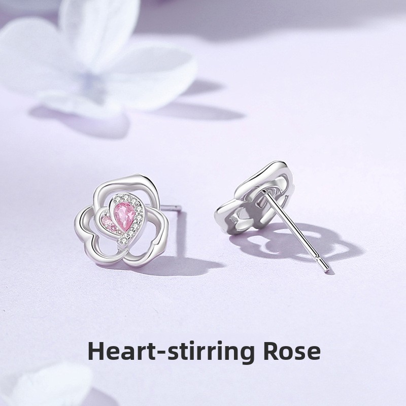 Original 925 sterling silver heart-shaped rose earrings for women, featuring delicate pink cubic zirconia accents, with an elegant and stylish floral design