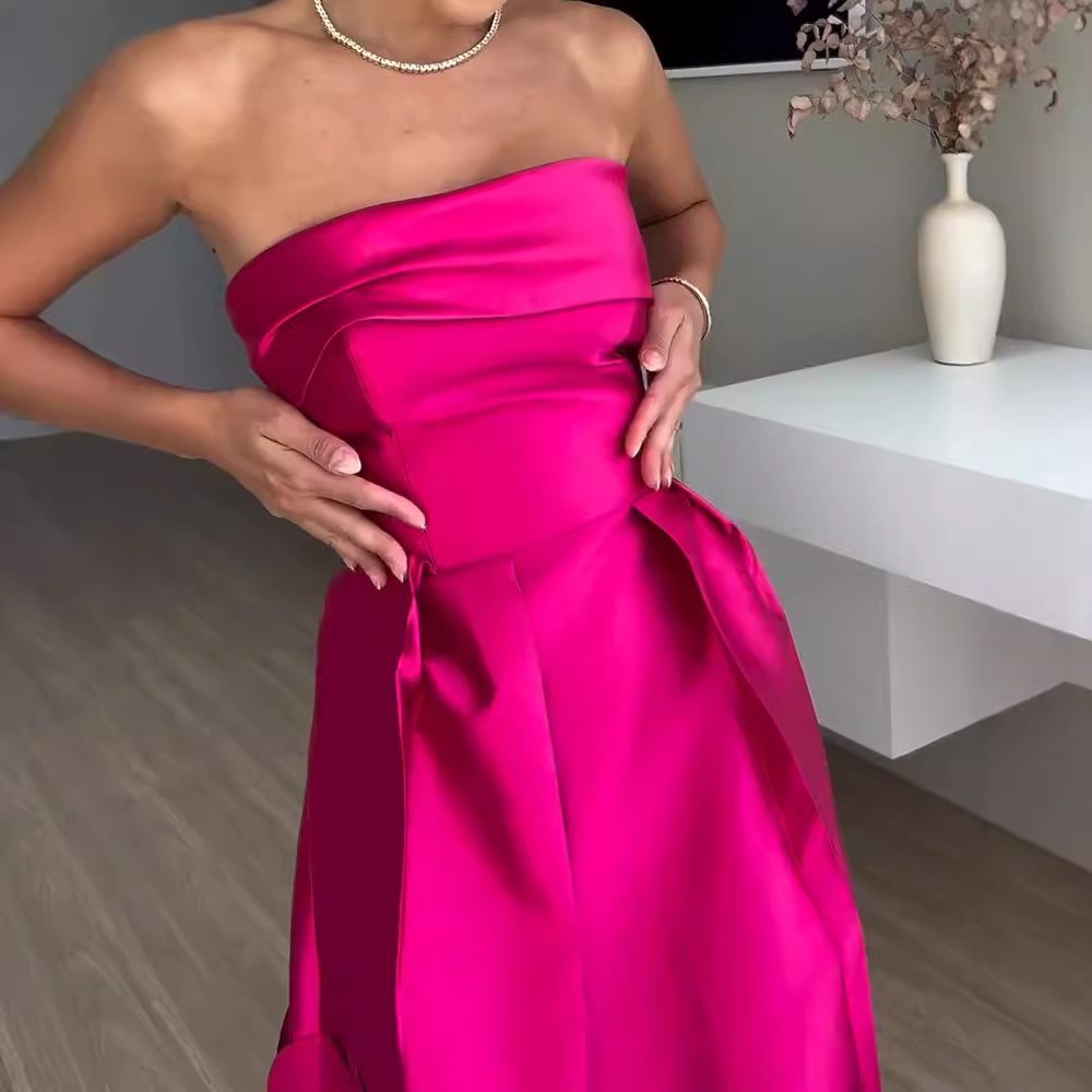 Sexy Elegant Off Shoulder Satin Spliced Hollow Out Party Dress Women's Summer Backless Red Chic Banquet Evening Dresses 2026 New