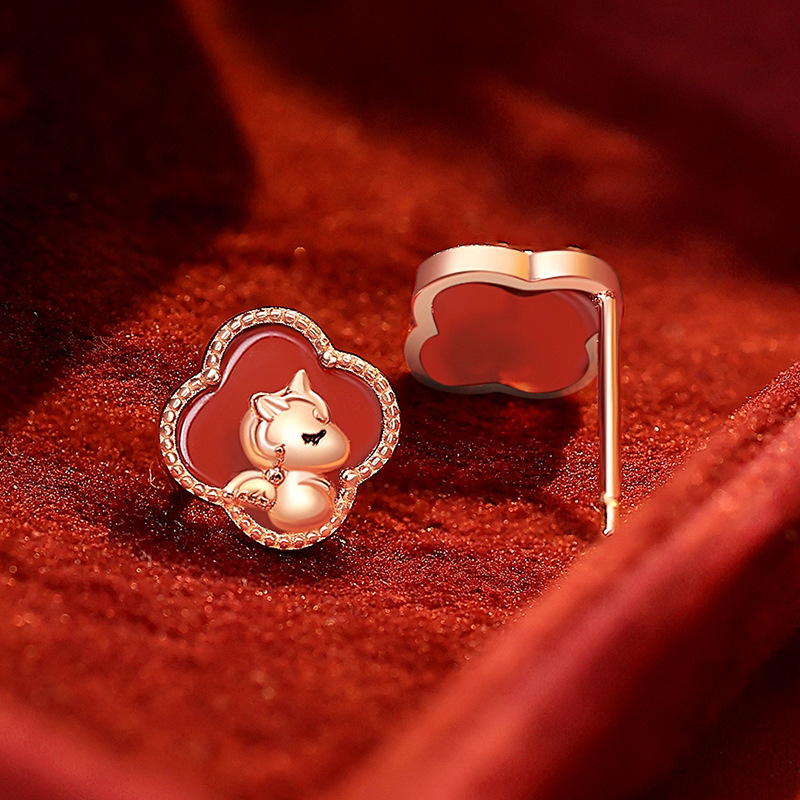 Original Lucky Four-Leaf Clover Cute Horse Earrings for Women, Pure Silver, Chinese-Style, New Chinese Design, Red Agate, New Year Horse Year Earrings, Jewelry