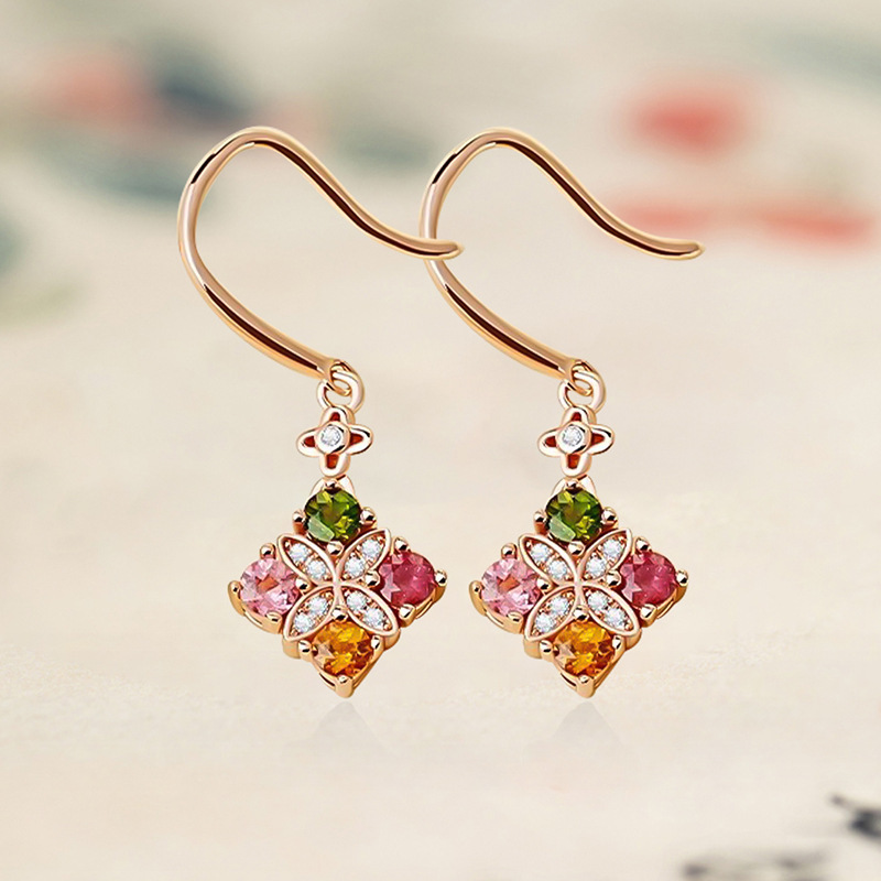 Natural Tourmaline Dopamine Four-leaf Clover Ear Hooks, Pure Silver Vintage Retro Style Earrings, Popular Internet Celebrity Ear Accessories