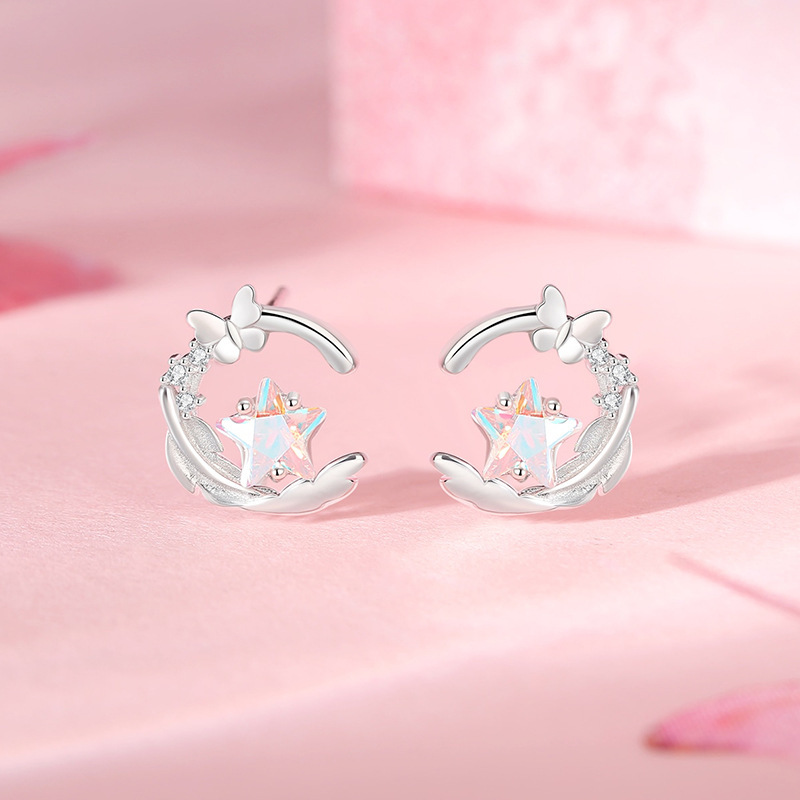 Original feathered butterfly earrings for women, 925 sterling silver, forest style geometric feather butterfly star earrings with moonstone