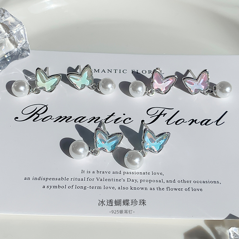 925 sterling silver ice-clear butterfly pearl earrings for women, summer Korean version, ins style, fresh and light luxury with a high-end feel, silver needle earrings